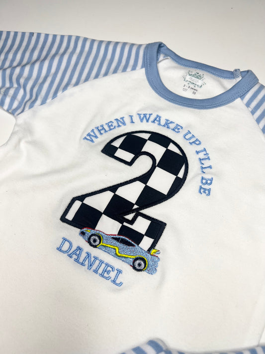 Personalised When I Wake up Blue Racing Car Checkered Flag Number Pyjamas