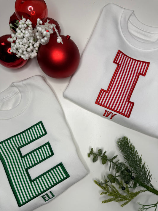 Personalised Christmas Candy Stripe Initial White Sweatshirt