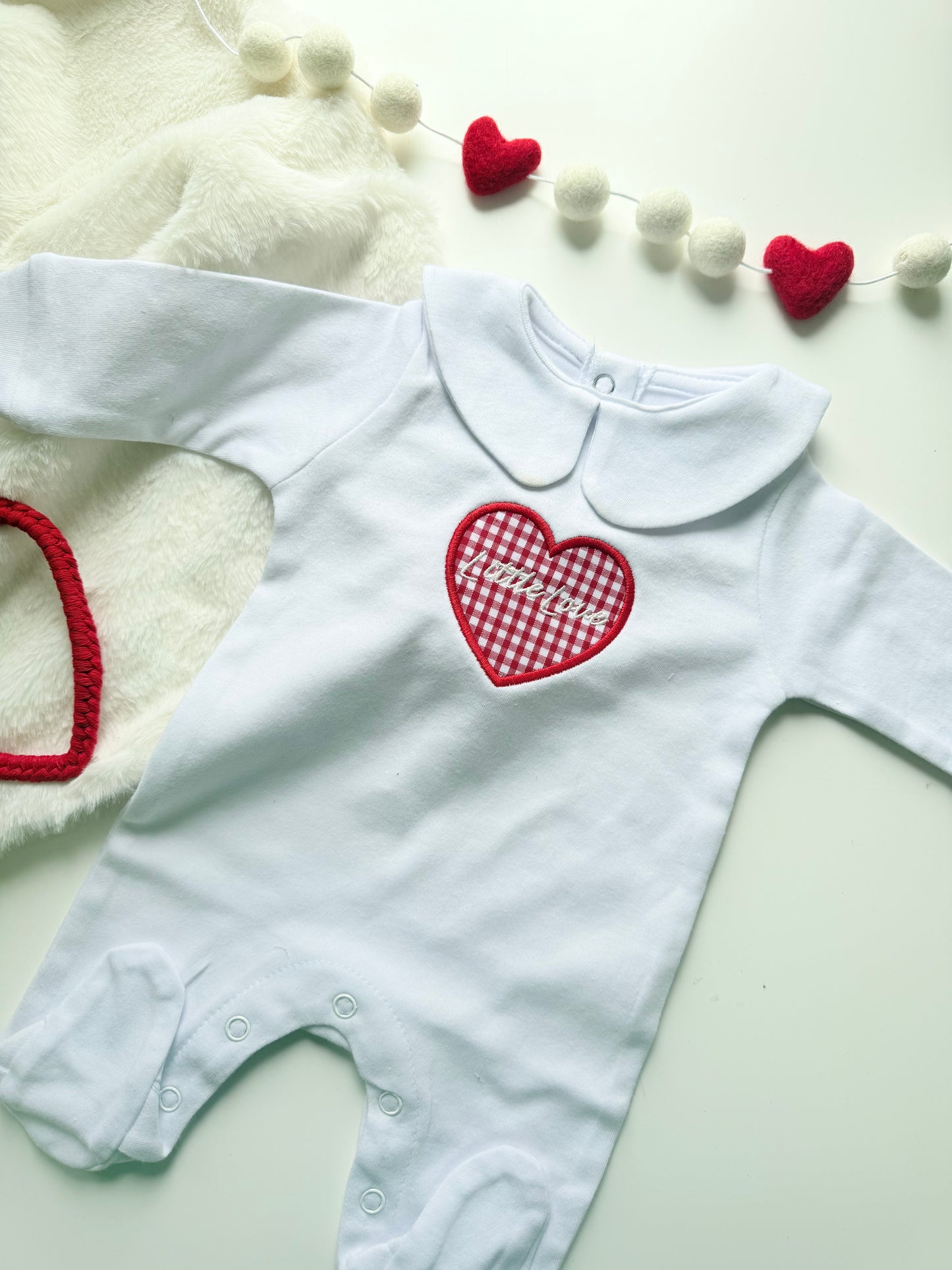 Little Love Gingham Heart Valentine White Babygrow