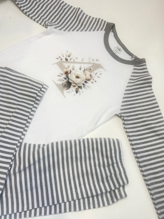 Grey Stripe Floral Number Loungewear Set