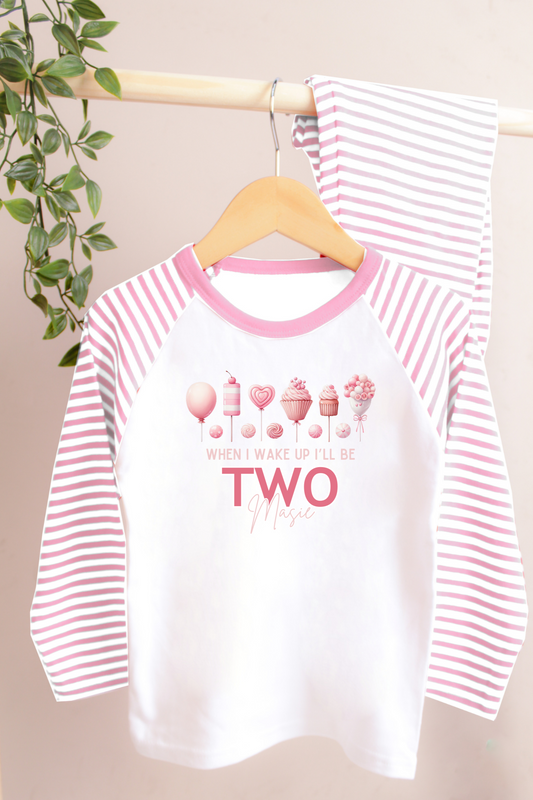 Personalised When I Wake up Pink Stripe Sweet Cupcake Balloon Theme Pyjamas