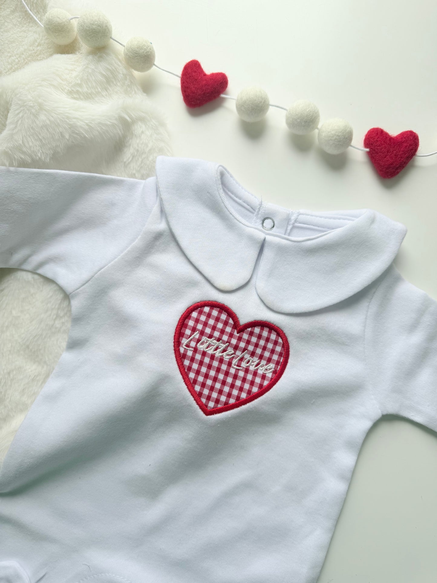 Little Love Gingham Heart Valentine White Babygrow
