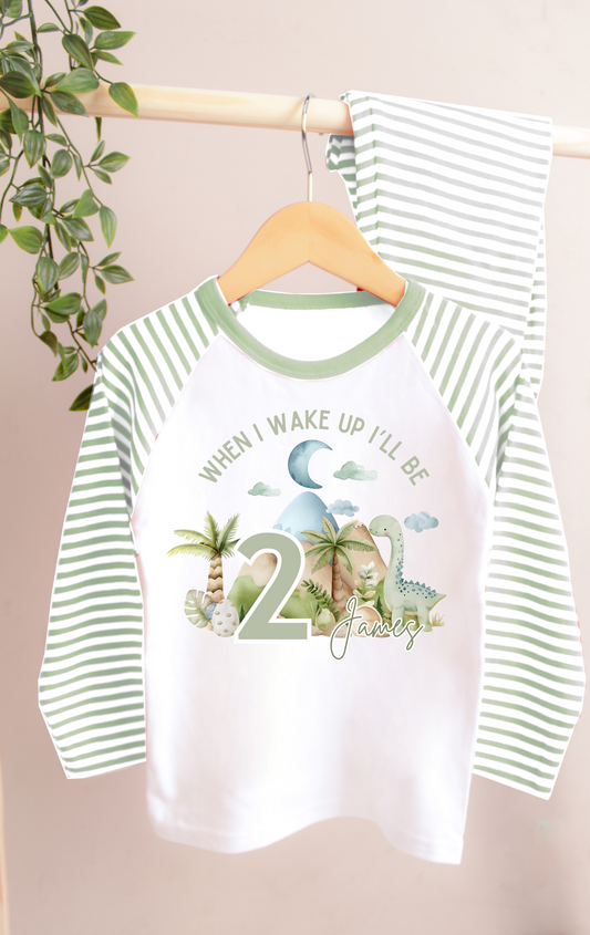 Personalised When I Wake up Mint Stripe Dinosaur Theme Pyjamas